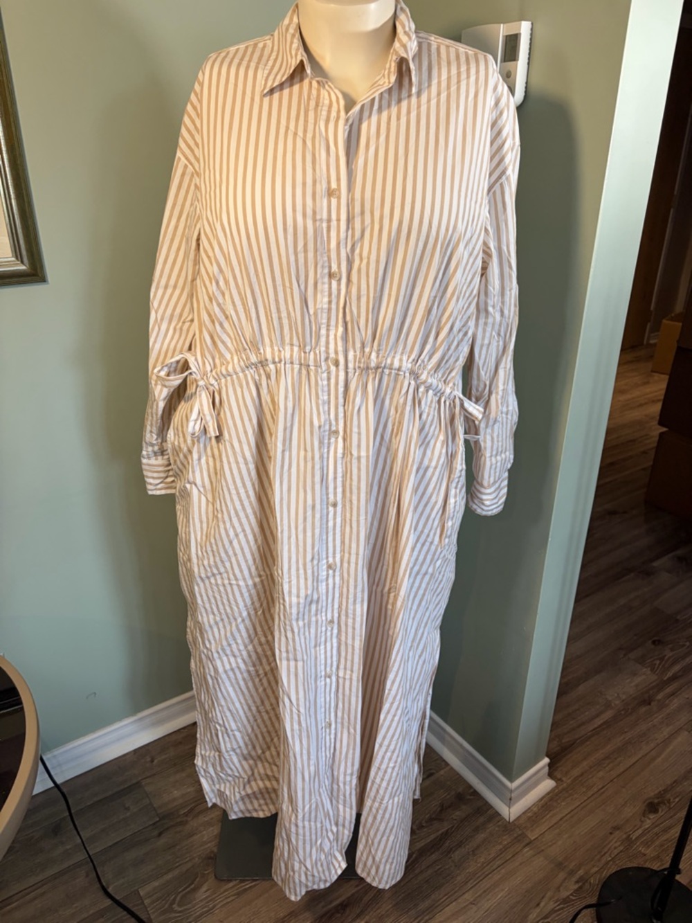 155. Universal Thread Striped Button-Front Maxi Dress in Beige and White